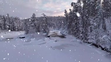 Hafif kar yağışı sırasında donmuş bir göl üzerinde insansız hava aracı uçuşu