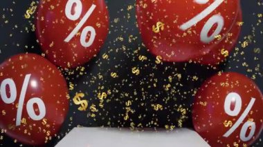 Beyaz arka planda yüzde işareti olan kırmızı bir balonun düşmekte olan konfetilerle 3 boyutlu görüntülenmesi