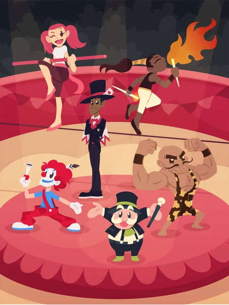 Zeichentrickzirkusfiguren Posieren Auf Der Bühne — Stockvektor