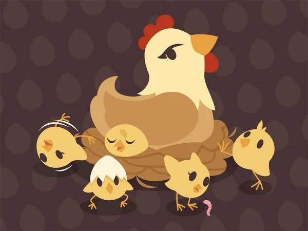 Cartoon Hen Her Chicks — Vector de stock