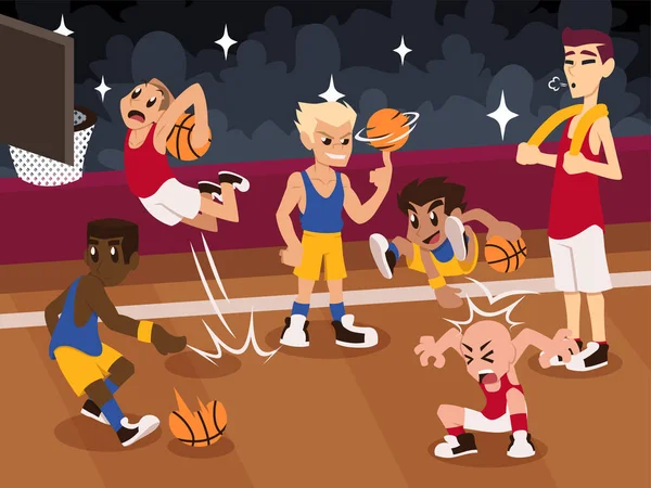 Karikatür basketbol oyuncuları sahada poz veriyor.