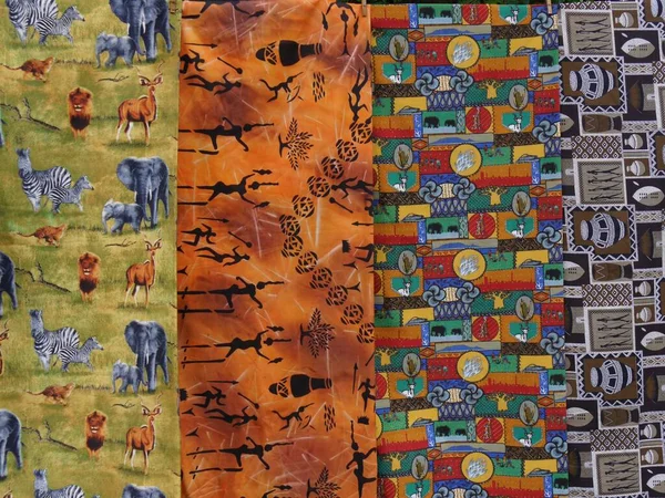Κοντινό Πλάνο Υφασμάτων Αφρικανικά Σχέδια Προς Πώληση Στο Stall Νότια — Φωτογραφία Αρχείου