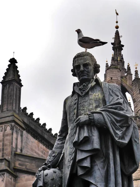Close Statua Adam Smith Con Piccione Sulla Testa Edimburgo Scozia — Foto Stock