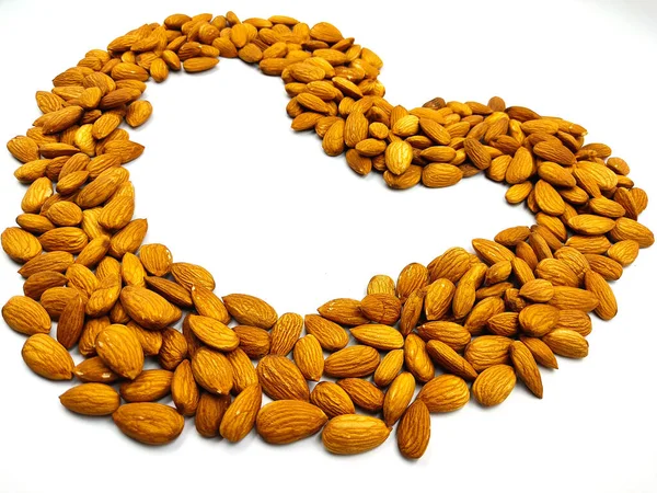 Almonds Heart Shape Design White Background — Stock Photo, Image