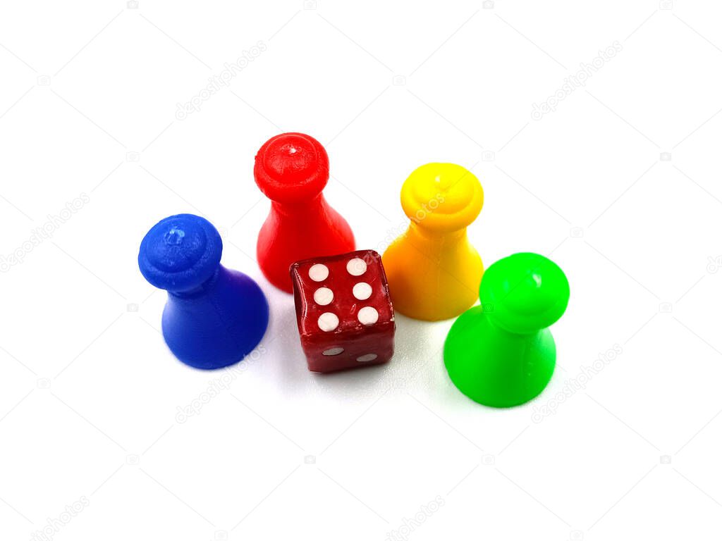 Board game Pieces and Dice over a plain white background.