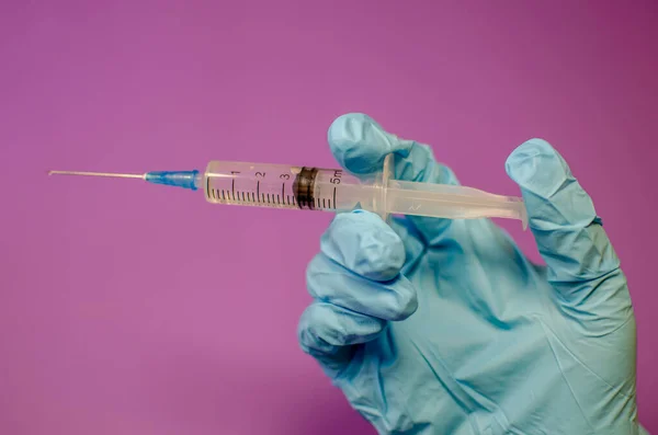 Syringe Hand Vaccine Covid Cure Virus Vaccine Development Drug Production — Stock Photo, Image