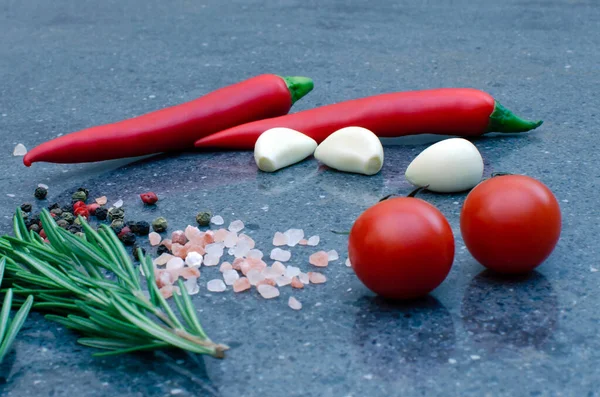 Ein Zweig Rosmarin Und Roter Chili Mit Salz Und Gewürzen — Stockfoto