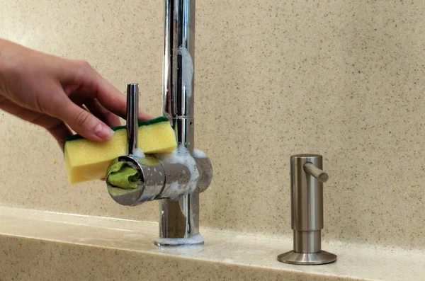 Woman Hand Washes Chrome Plated Water Faucet Yellow Sponge New — Stock Photo, Image