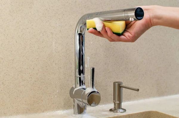 Woman Hand Washes Chrome Plated Water Faucet Yellow Sponge New — Stock Photo, Image