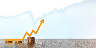 Dengesizlik, hisse senetlerinin değerindeki değişim, borsanın dengesizliği. Yığınla bozuk para, afiş ve metin için yeri gösteren ok.