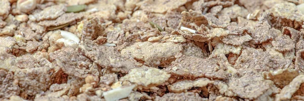 Muesli. Close-up de muesli, cereais de pequeno-almoço espalhados na mesa. Banner de comida saudável — Fotografia de Stock