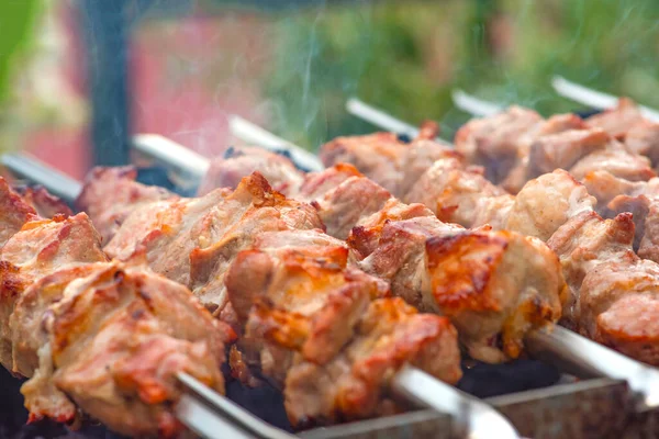 Carne de porco grelhada em espetos metálicos. Cozinha de churrasco. A fumaça das brasas se desenvolve sobre a carne. Banner promocional para menu com espaço de cópia para inserir texto — Fotografia de Stock