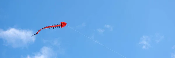 Cometa voladora. Una cometa multicolor está volando en el cielo. Cielo azul con nubes y sol. Espacio para texto o espacio de copia. — Foto de Stock