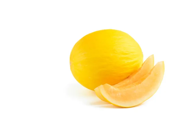 Melon on a white background. Yellow melon on a white isolate. Fresh juicy piece of melon with shadow on a white background. For insertion into a project, design or advertisement — Stock Photo, Image