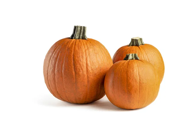 Zucca su sfondo bianco. Isolato zucca di Halloween isolato su bianco da inserire nel vostro progetto o design. Tre zucche arancioni impilate in un mucchio gettano un'ombra — Foto Stock