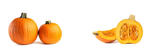 Zucca su sfondo bianco. Tema di Halloween. Evidenzia la zucca sul bianco per inserirla nel tuo progetto o design. Set di immagini, zucca intera e tagliata a pezzi su bianco. Getta un'ombra — Foto Stock