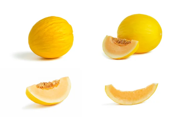 Melon big set on a white background. Yellow melon on a white isolate. Fresh juicy piece of melon with shadow on a white background. For insertion into a project, design or advertisement — Stock Photo, Image
