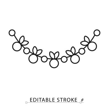 Dekoratif bir çelenk simgesi, minimalist çizgi şeklinde, düzenlenebilir vuruşlu. Noel ziyafeti süsü, şenlikli çiçek süsü, düğün partisi sınırı, kır bitkisi eşyaları, doğa.