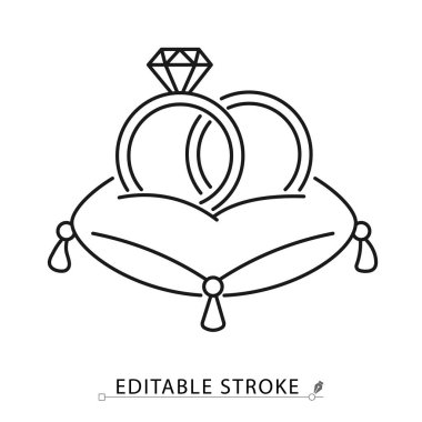 Yastık simgesinde iki alyans. Minimalist çizgi şeklinde ve düzenlenebilir bir dokunuşla. Evlilik töreni, nişan takıları, gelin ve damat sembolü, aşk ve romantizm, evlilik teklifi