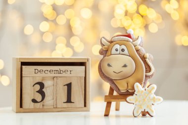 Boğa şekilli zencefilli kurabiye, arka plandaki ahşap tezgahta. Sıcak Noel ışıkları ve tahta bloklardan oluşan takvime göre 31 Aralık tarihli. Yeni yılın sembolü..