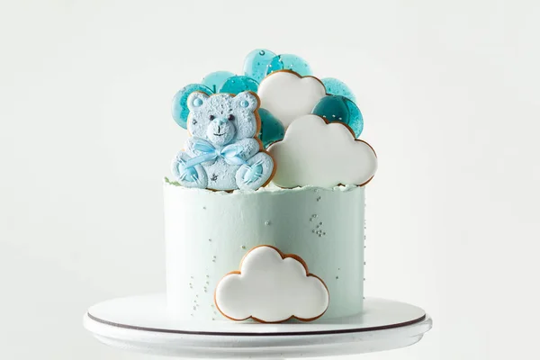 Blauwe Verjaardagstaart Voor Een Pasgeboren Jongetje Teddy Beer Vormige Peperkoek — Stockfoto