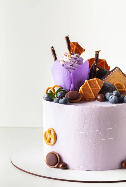 Pastel Violeta Con Arándanos Caramelos Galletas Chocolate Decoración Fondo Blanco — Foto de Stock