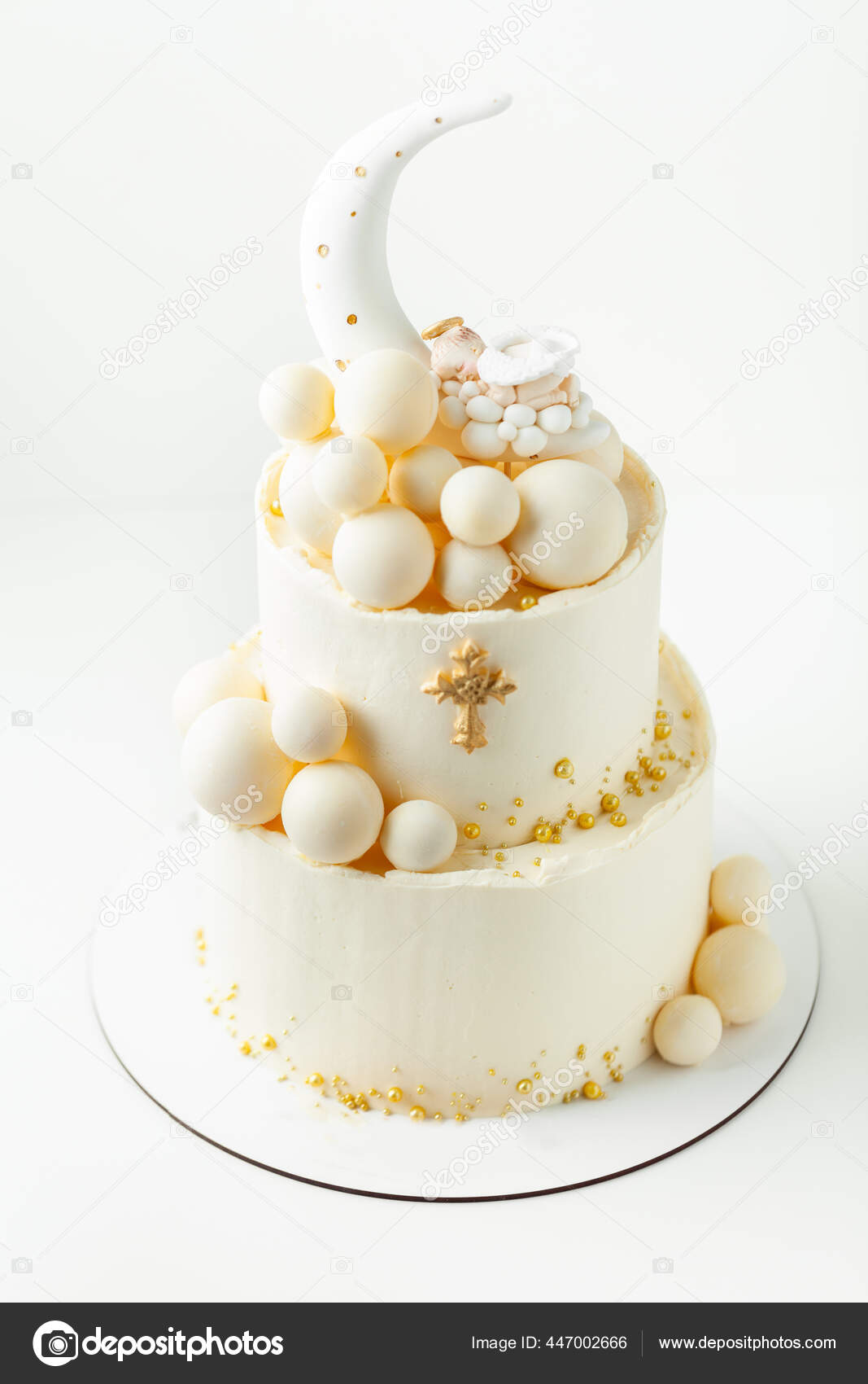 White Christening Bunk Cake Decorated Chocolate White Balls Gold ...