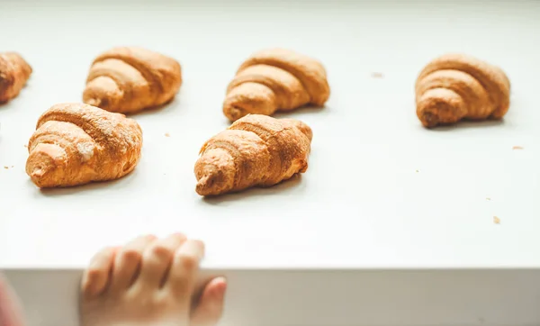 Croissants Frescos Fundo Branco Pequenas Meninas Mão Alcançando Pastelaria Caseira — Fotografia de Stock