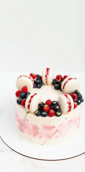 Birthday Anniversary Cake Cream Cheese Frosting Decorated Macaroons Blueberries Raspberries — Stock Photo, Image