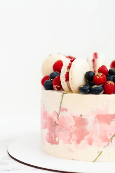 Birthday Anniversary Cake Cream Cheese Frosting Decorated Macaroons Blueberries Raspberries — Stock Photo, Image