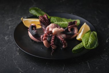 Sıcak hazırlanmış mürekkep balığı ya da ahtapotun dokunaçları siyah arka plandan çıkan buharlı bir tabakta oynaşıyor. Restoran menüsü olarak arkaplan olarak limon ve salata yeşil yaprakları ile servis edilen deniz ürünleri..