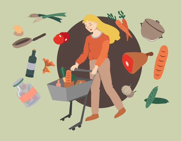 食料品のトロリーを持つ女性は食料品を買う 人々とのかわいいイラスト ベクトルイラスト 手描き — ストックベクタ