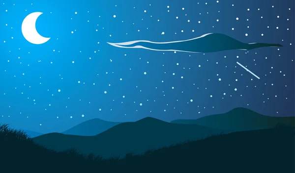 Vector illustration. Meadows and mountains at night — Stock Vector