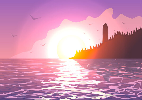 Vector illustration. Lighthouse on the coast of the ocean at sunset.