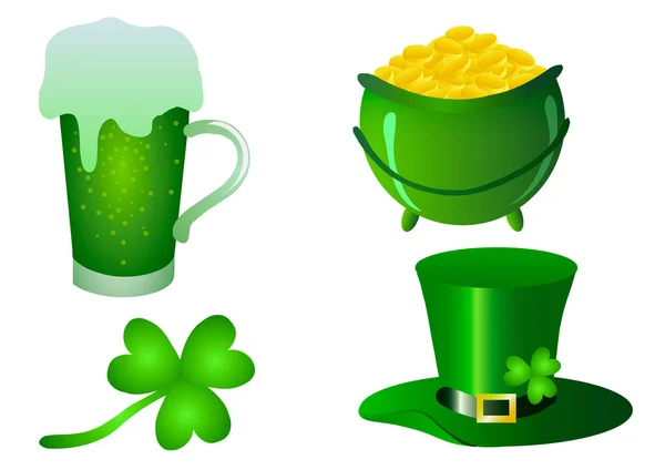 Ilustración vectorial. Día de San Patricio. Cerveza, trébol, olla de oro y arco iris sobre un fondo blanco . — Archivo Imágenes Vectoriales