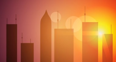 Vektör çizim. Gün batımında gökdelenler.