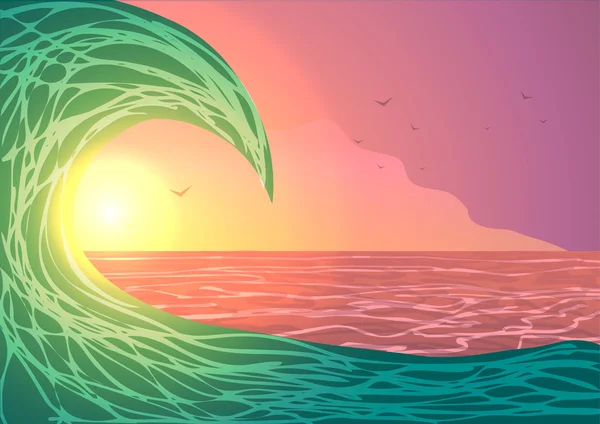 Vektorillustration. Große Ozeanwelle bei Sonnenuntergang. — Stockvektor