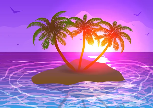 Vektorillustration. Insel im Ozean bei Sonnenuntergang. — Stockvektor