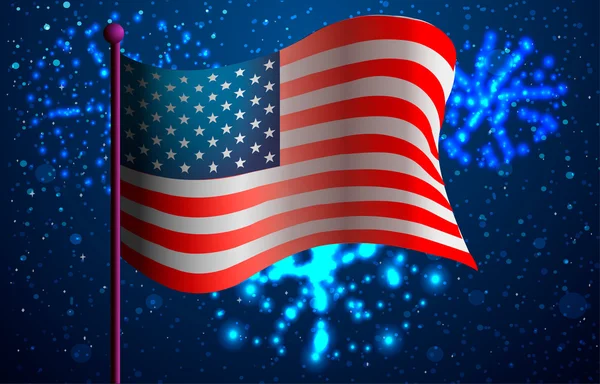 Ilustración vectorial. Bandera americana sobre fondo de fuegos artificiales . — Vector de stock