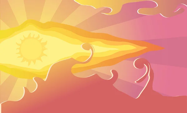 Ilustraţie vectorială. Cerul desenelor animate. Soarele pe fundalul norilor la apusul soarelui . — Vector de stoc