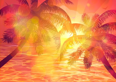 Vektör çizim. Palmiye ağaçları ve günbatımı denizde.