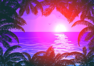 Vektör çizim. Ocean adlı çerçevede palmiye günbatımı yapraklar