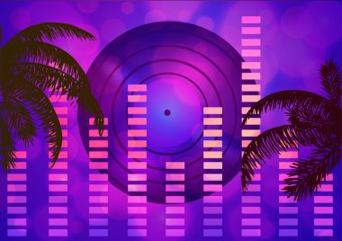 Vektör çizim. Plaj partisi. Kayıt, Eq ve palmiye yaprakları bir pembe.