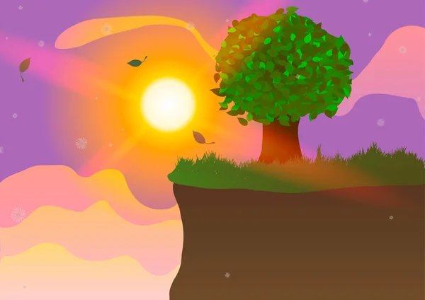 Ilustração vetorial. Árvore no penhasco ao pôr do sol . — Vetor de Stock