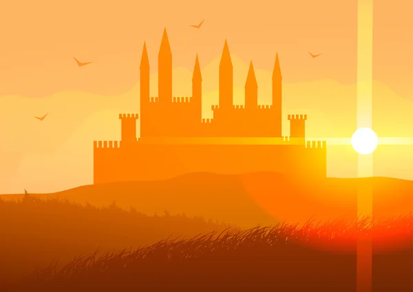 Ilustração vetorial. Castelo nas colinas ao pôr-do-sol . —  Vetores de Stock