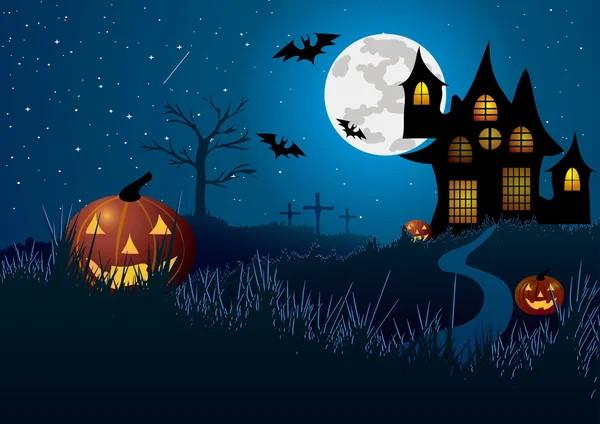 Vector illustration. Halloween. The road to the house on the hill, among the pumpkins and cemetery. — Stock Vector