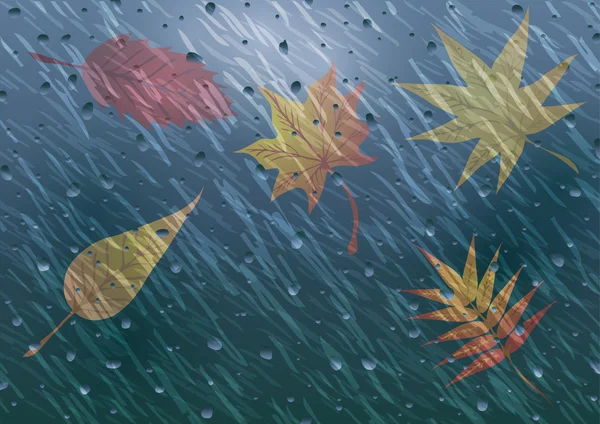 Vektorillustration. Regentropfen und Herbstblätter auf Glas — Stockvektor