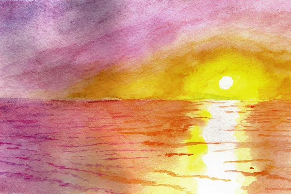 Pôr do sol no oceano em aquarela . — Fotografia de Stock