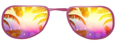 Vektör çizim. Palmiye yaprakları, plaj ve güneş üzerinde beyaz bir arka plan yansıması ile güneş gözlüğü.