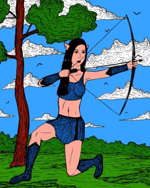 Vektör karikatür elfi ormanda yaylı